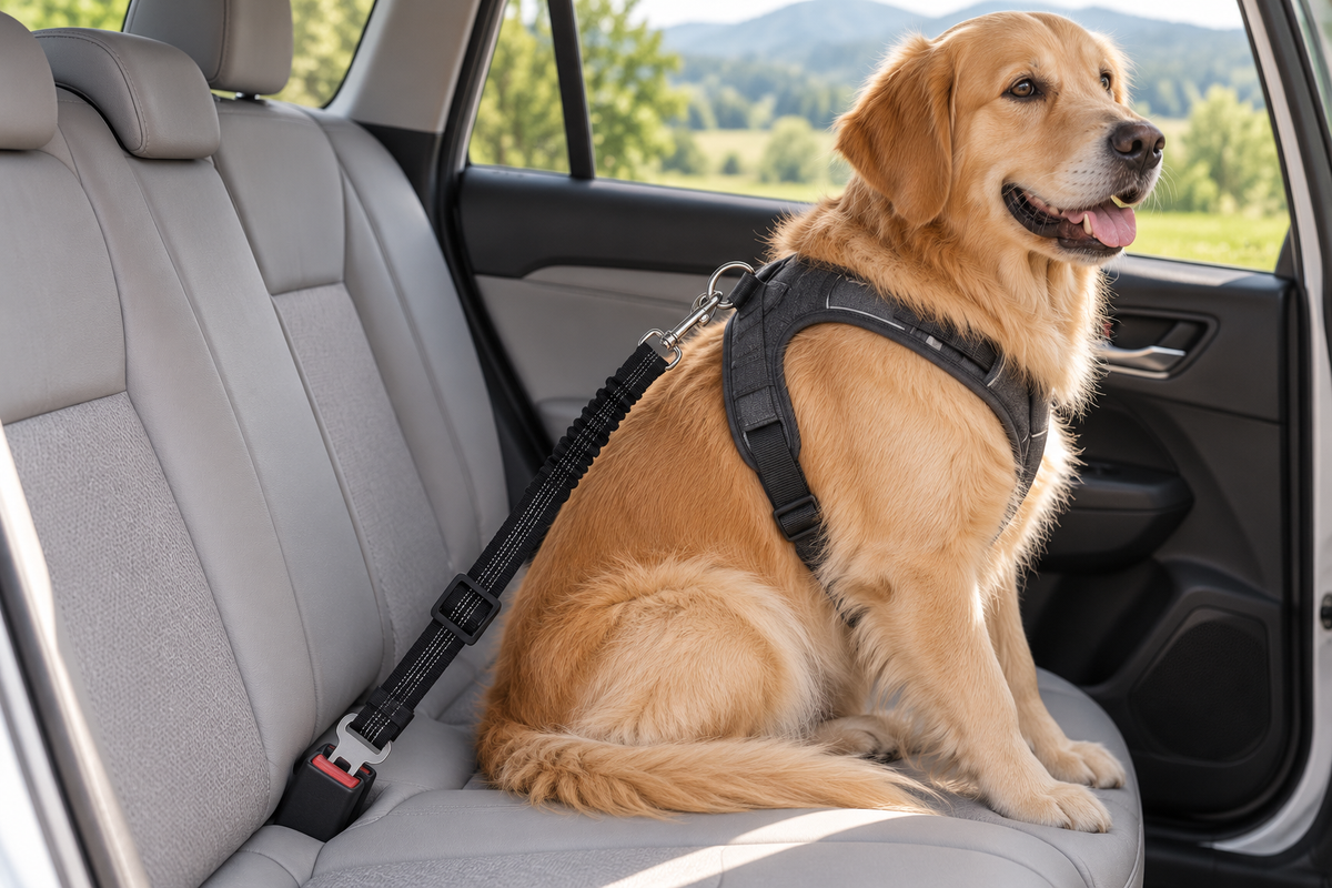 Anwendungsdarstellung: Hund mit Brustgeschirr und schwarzem Autosicherheitsgurt auf der Rückbank